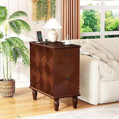 Modern Slim Side Table with 2 Drawers Narrow Nightstand