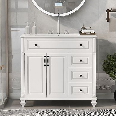 Solid Wood Vanity with Sink 3 Drawers 2 Doors Flip Drawer