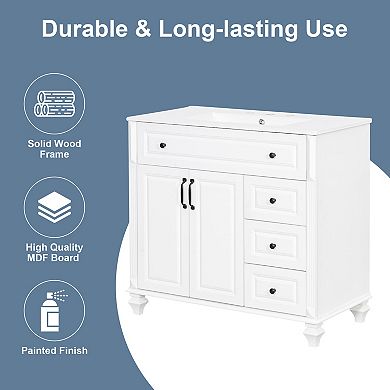 Solid Wood Vanity with Sink 3 Drawers 2 Doors Flip Drawer