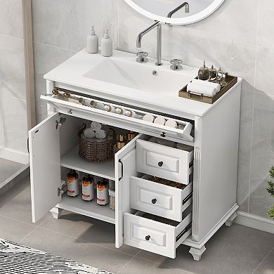 Solid Wood Vanity with Sink 3 Drawers 2 Doors Flip Drawer