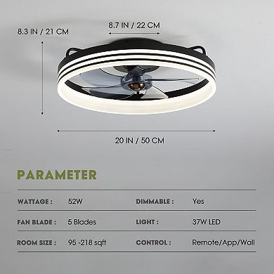 Moooni Modern Smart Flush Mount Ceiling Fan with Light and Remote