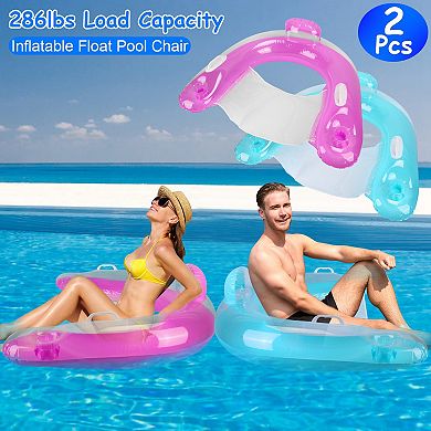 2Pcs Inflatable Pool Float Chairs with Cup Holders 286lbs Load Floating Lounger Mattress
