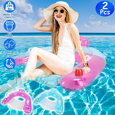 2Pcs Inflatable Pool Float Chairs with Cup Holders 286lbs Load Floating Lounger Mattress