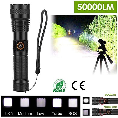 Tactical LED Flashlight 50000LM, Zoomable Rechargeable Torch with 5 Modes & SOS for Night Adventures