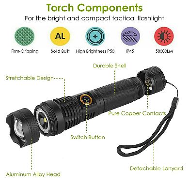 Tactical LED Flashlight 50000LM, Zoomable Rechargeable Torch with 5 Modes & SOS for Night Adventures
