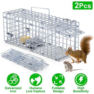 2Pcs Foldable Rat Trap Cage Humane Live Rodent Catch, Galvanized with Detachable L-Rod