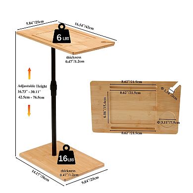 Adjustable Bamboo C-Shaped Couch Tray Table with 2-Tier Rectangle Design