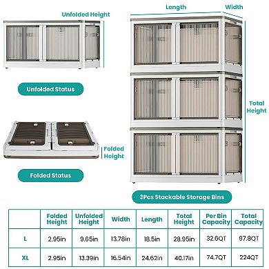 3 Pack Foldable Storage Bins Stackable Closet Organizers with 4 Locking Doors & Wheels