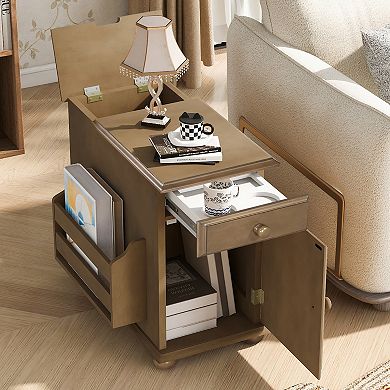 U-Can Vintage Flip Top End Table with USB Ports Multifunctional Drawer and Bookshelf