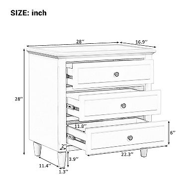 3 Drawer Nightstand Smooth Gliding Rails and Metal Handles