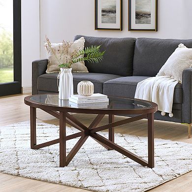 Modern Round Tempered Glass Coffee Table with Solid Wood Base