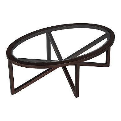 Modern Round Tempered Glass Coffee Table with Solid Wood Base