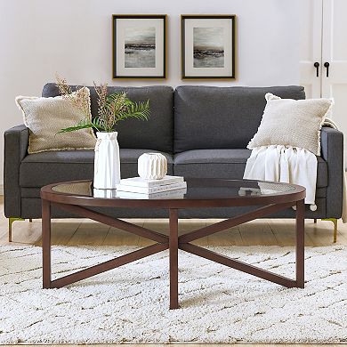 Modern Round Tempered Glass Coffee Table with Solid Wood Base