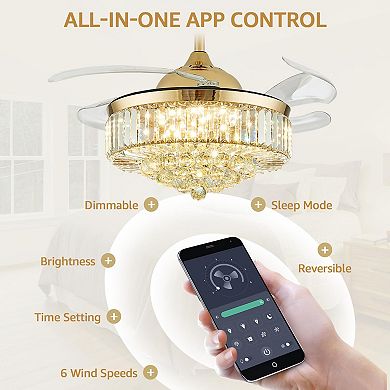 Moooni Elegant Crystal Retractable Ceiling Fan with Light - LED Dimmable, APP+Remote Control