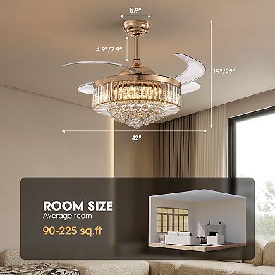 Moooni Elegant Crystal Retractable Ceiling Fan with Light - LED Dimmable, APP+Remote Control