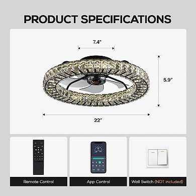 Moooni Crystal Ceiling Fan with Light - APP & Remote Control, Flush Mount
