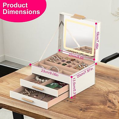 3-Layer Jewelry Box with LED Mirror, 2 Drawers, Dimmable Lights for Rings, Earrings, Bracelet