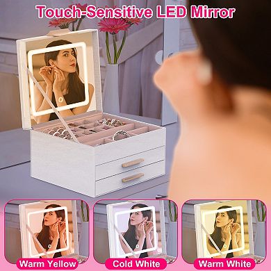 3-Layer Jewelry Box with LED Mirror, 2 Drawers, Dimmable Lights for Rings, Earrings, Bracelet
