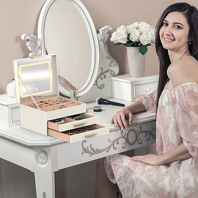 3-Layer Jewelry Box with LED Mirror, 2 Drawers, Dimmable Lights for Rings, Earrings, Bracelet