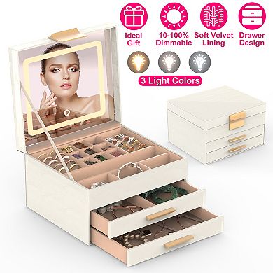 3-Layer Jewelry Box with LED Mirror, 2 Drawers, Dimmable Lights for Rings, Earrings, Bracelet