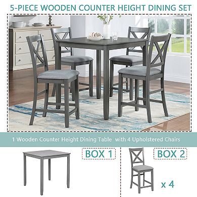 5 Piece Square Counter Height Dining Table Set with 4 Upholstered Chairs