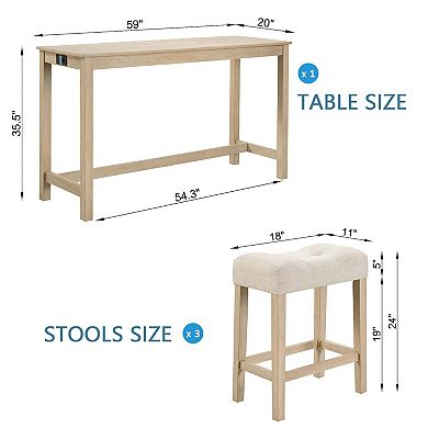 4 Piece Bar Table Set with Power Outlet and 3 Padded Stools