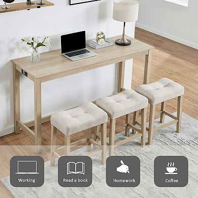 4 Piece Bar Table Set with Power Outlet and 3 Padded Stools