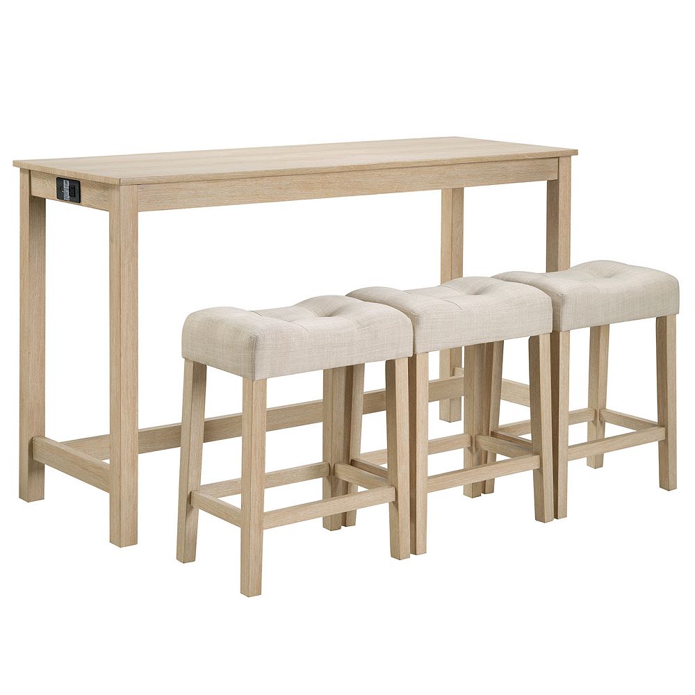 4 Piece Bar Table Set with Power Outlet and 3 Padded Stools