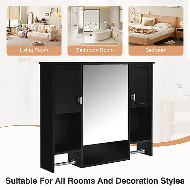Wall Mounted Bathroom Storage Cabinet with Mirror and Towel Bar