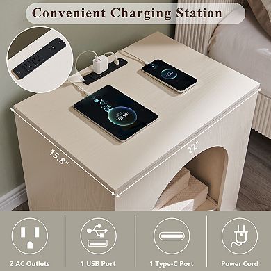 Modern 22" Nightstand Charging Station, Arched Open Storage Shelf, End Table for Bedroom Living Room