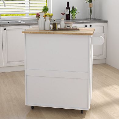 Kitchen Island Cart with Rubber Wood Top, Adjustable Shelves and Towel Rack