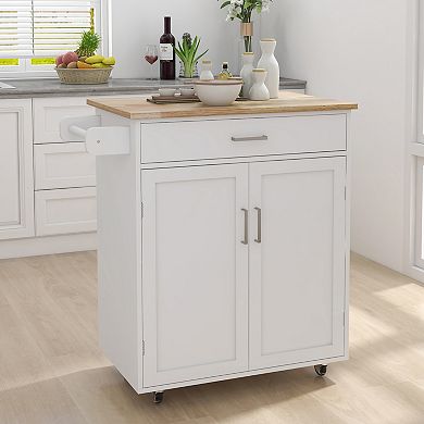 Kitchen Island Cart with Rubber Wood Top, Adjustable Shelves and Towel Rack
