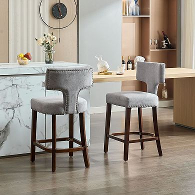 Set of 2 Mid-Century Counter Stools with Curved Back and Upholstered Seat