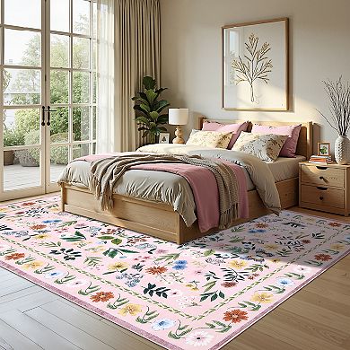 Floral Machine Washable Rug Non-Shedding Contemporary Carpet Ultra-Soft Low Pile Floor Cover
