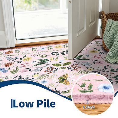 Floral Machine Washable Rug Non-Shedding Contemporary Carpet Ultra-Soft Low Pile Floor Cover
