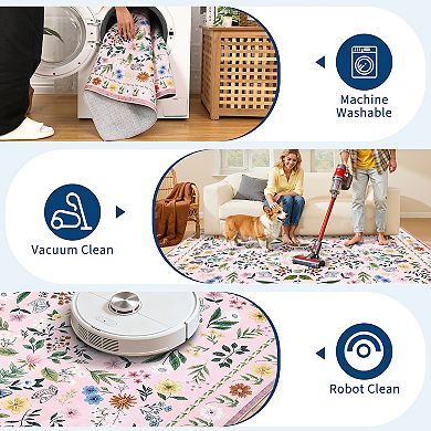 Floral Machine Washable Rug Non-Shedding Contemporary Carpet Ultra-Soft Low Pile Floor Cover