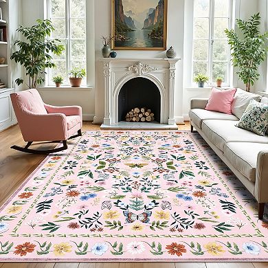 Floral Machine Washable Rug Non-Shedding Contemporary Carpet Ultra-Soft Low Pile Floor Cover