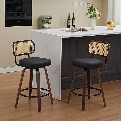Set of 2 Rattan Counter Stools with Swivel Seat and Cane Back
