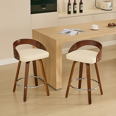 Set of 2 Swivel Wood Bar Stools with Low Back and Cushioned Seat