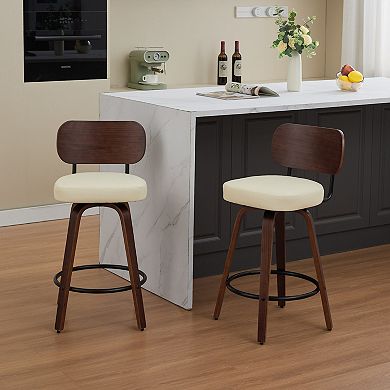 Set of 2 Faux Leather Swivel Bar Stools with Bentwood Legs