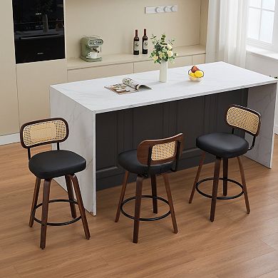 Set of 3 Rattan Counter Stools with Upholstered Seat and Cane Back