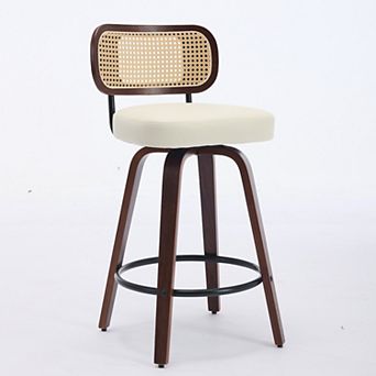 Set of 3 Rattan Counter Stools with Upholstered Seat and Cane Back