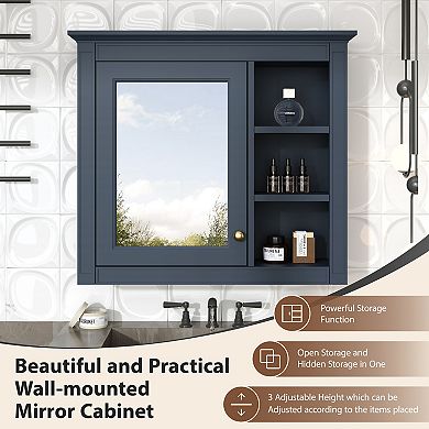 Bathroom Medicine Cabinet with Mirror and 3 Open Shelves, Wall-Mounted