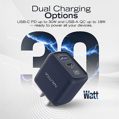 Nautica CH130 30W Fast Wall Charger, USB C PD & USB A QC 3.0 Dual Port for iPhone Android