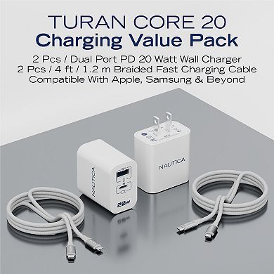Nautica Turan Core 20 Bundle, 2 Pack 20W USB C Chargers with 60W Cables for iPhone, Android and more