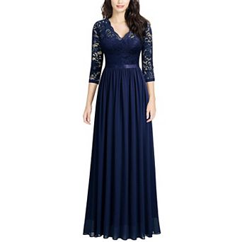 Womens Vintage Floral Lace V Neck Evening Bridesmaid Formal Long Dress