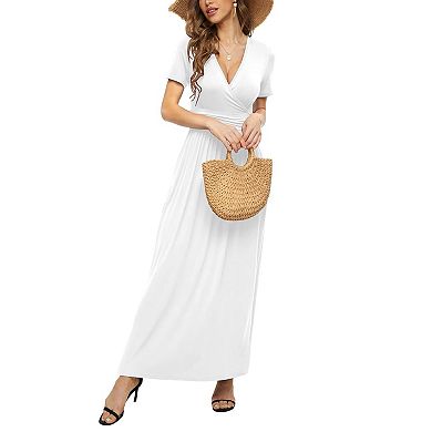 Womens Wrap Style Long Dress with V-Neck and Practical Pockets