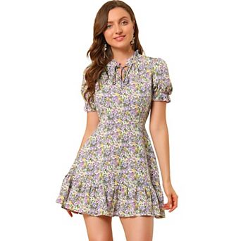 Women’s Floral Smock Dress, Chiffon, Puff Sleeves, Tie Neck