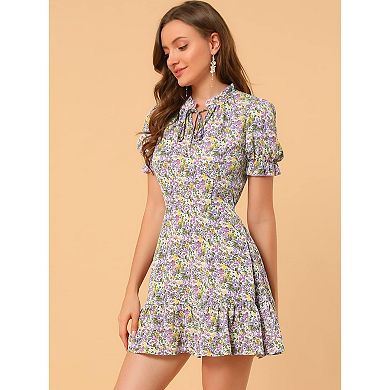 Women’s Floral Smock Dress, Chiffon, Puff Sleeves, Tie Neck