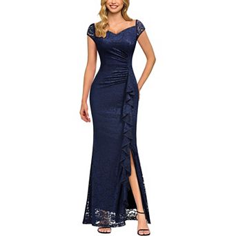 Womens Vintage V-Neck Floral Lace Ruffle Split Formal Evening Maxi Dress
